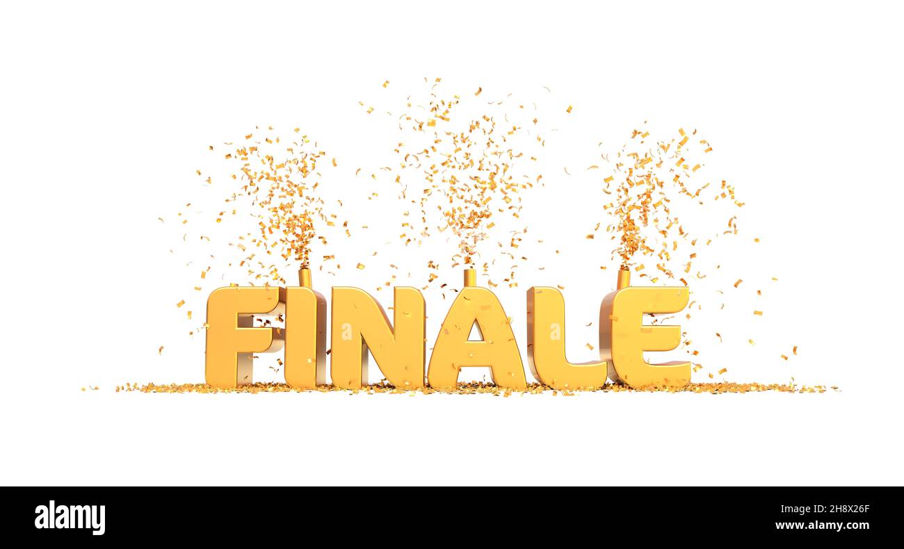 Testo finale con confetti su sfondo bianco - rendering 3D - finale in francese significa finale Foto Stock