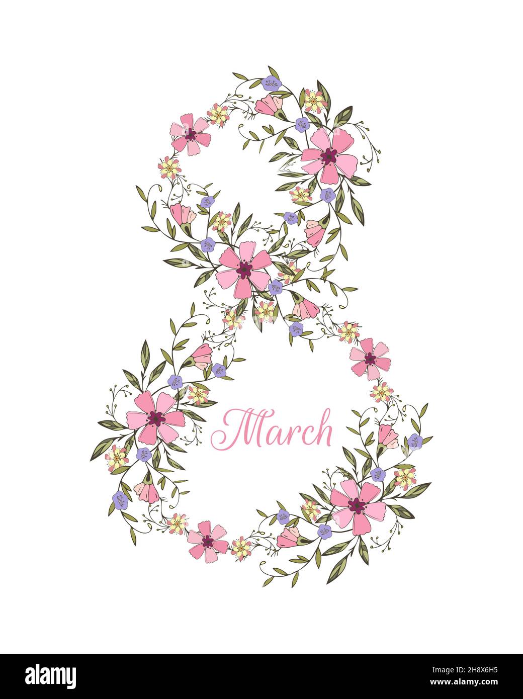 8 marzo Womens giorno cartolina, fiori, disegno a mano scarabocchiatura, numero 8 modellato da fiori, congratulazioni, elemento decor, isolato, sfondo bianco. Illustrazione vettoriale Illustrazione Vettoriale