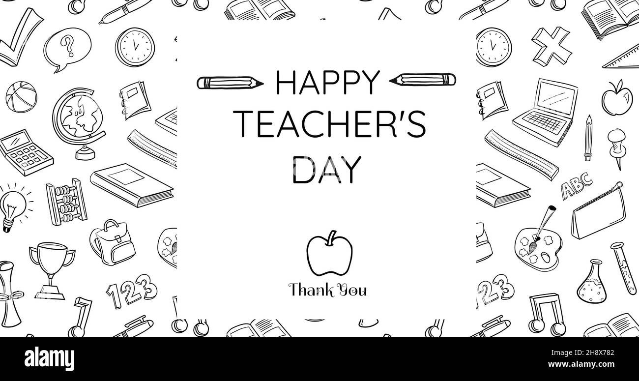 Immagine vettoriale del testo del giorno felice dell'insegnante con icone delle forniture scolastiche su sfondo bianco Foto Stock