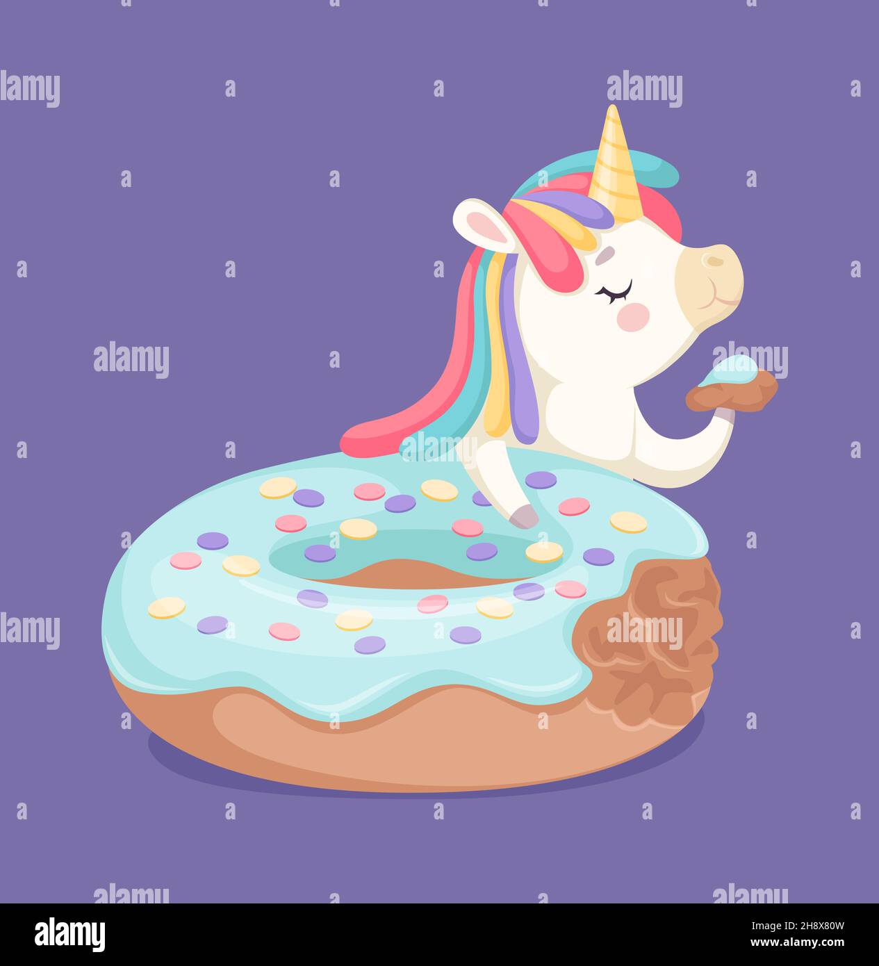 Mi piacciono le ciambelle. Torta glassata yummy e cartone animato unicorno mangiare fetta. Illustrazione di poster di panetteria o caffè, stampa vettoriale cute del bambino Illustrazione Vettoriale
