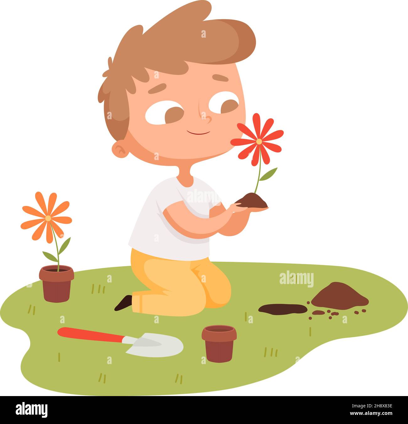 Fiori che piantano. Ragazzo cura piante in giardino. Carino cartone animato bambino ripianta il fiore dal vaso in illustrazione vettoriale di terra Illustrazione Vettoriale