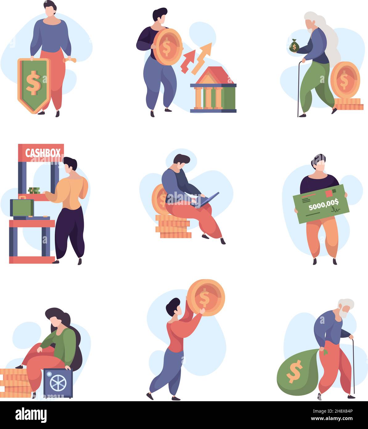 Servizi monetari. Deposito di pagamento bancario per i clienti sociali di debito Paycheck contanti Garish vettore flat illustrazioni Illustrazione Vettoriale