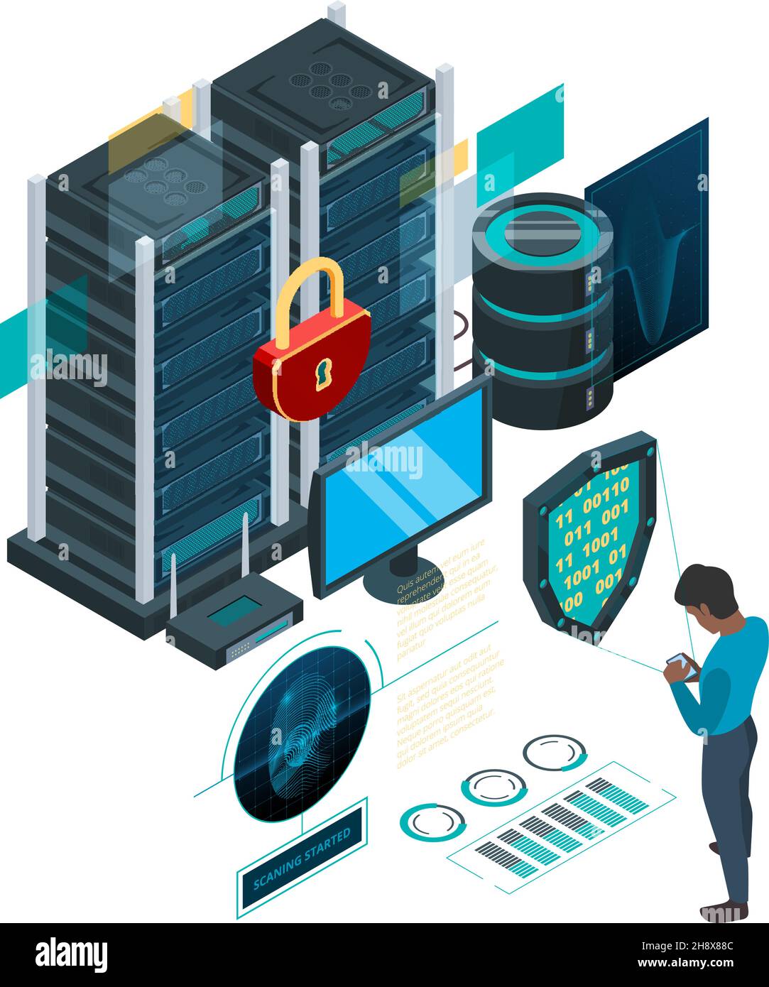Concetto di protezione dei dati. Cyber sicurezza self Identity protocollo sicuro accesso software Garish vettore immagini isometriche Illustrazione Vettoriale
