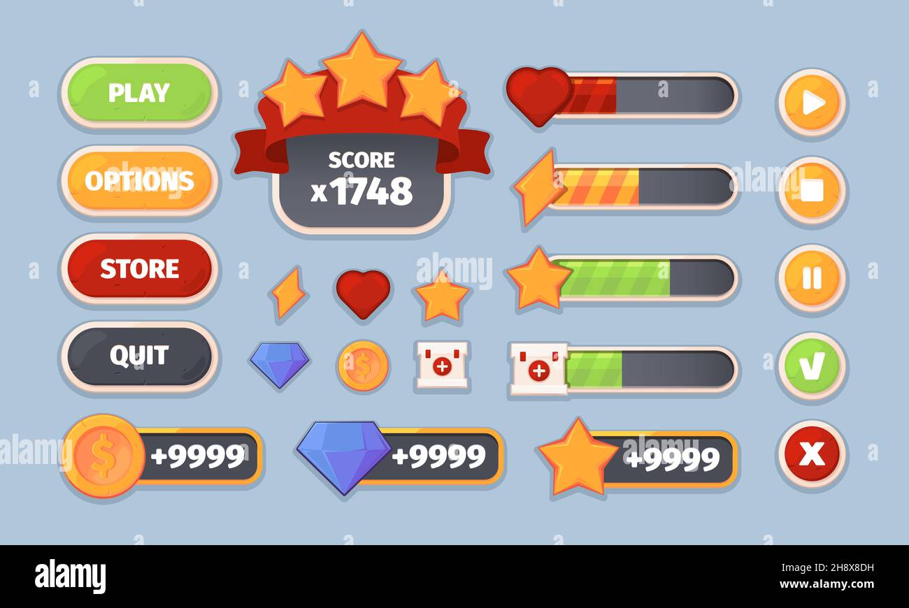 interfaccia utente di gioco. Elementi interfaccia utente pannelli piatti icone pulsanti telai e divisori Garish Vector kit Illustrazione Vettoriale