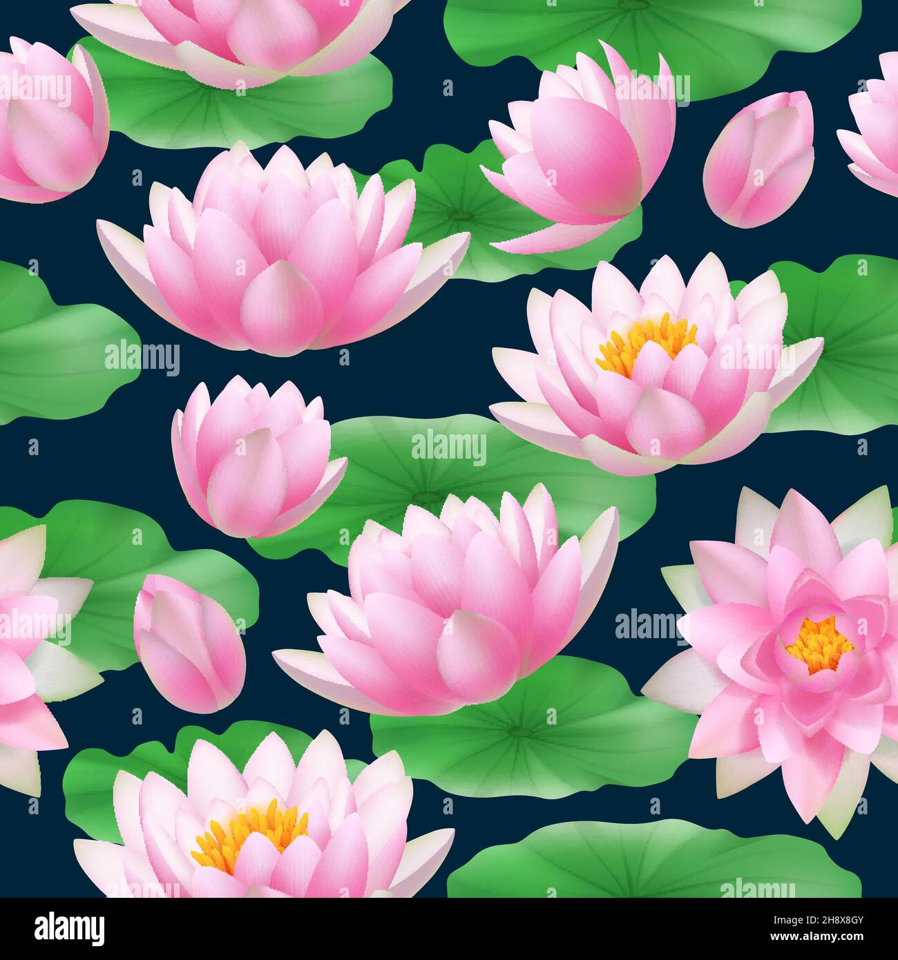 Motivo senza giunture Lotus. Colorato natura tropicale fiori boccioli di loto con foglie decente vettore sfondo realistico Illustrazione Vettoriale