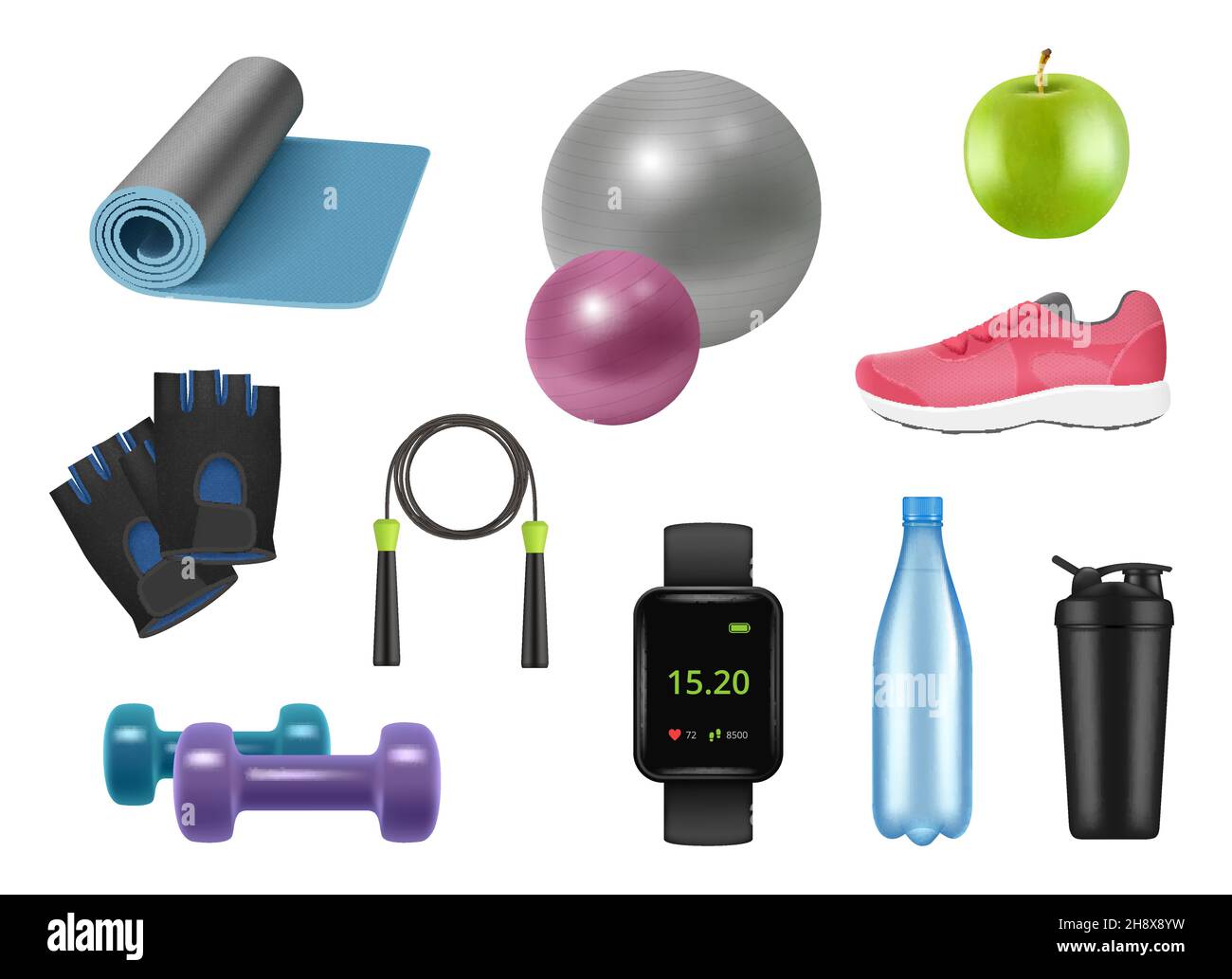 Attrezzature per il fitness realistiche. Simboli di sport per lifestyle sano oggetti 3d per gym manubells saltare corda mela bottiglie d'acqua sneakers vettore decente Illustrazione Vettoriale