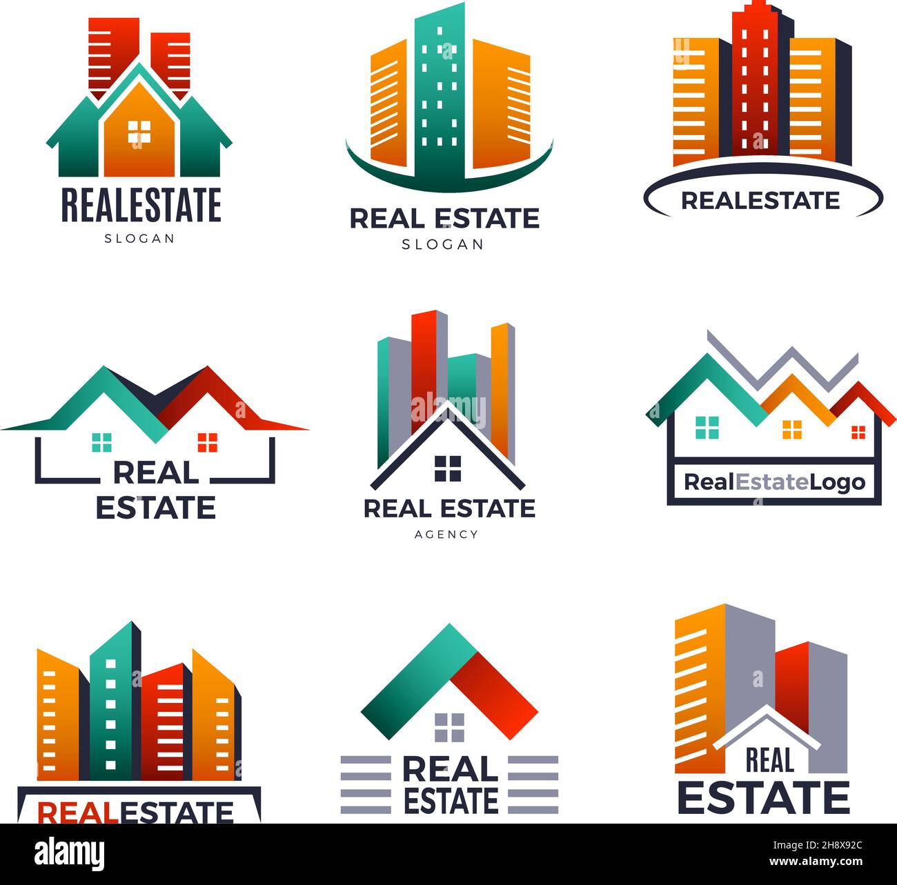 Logo immobiliare. Edifici case di lusso home immagini stilizzato recente collezione di badge vettoriali Illustrazione Vettoriale