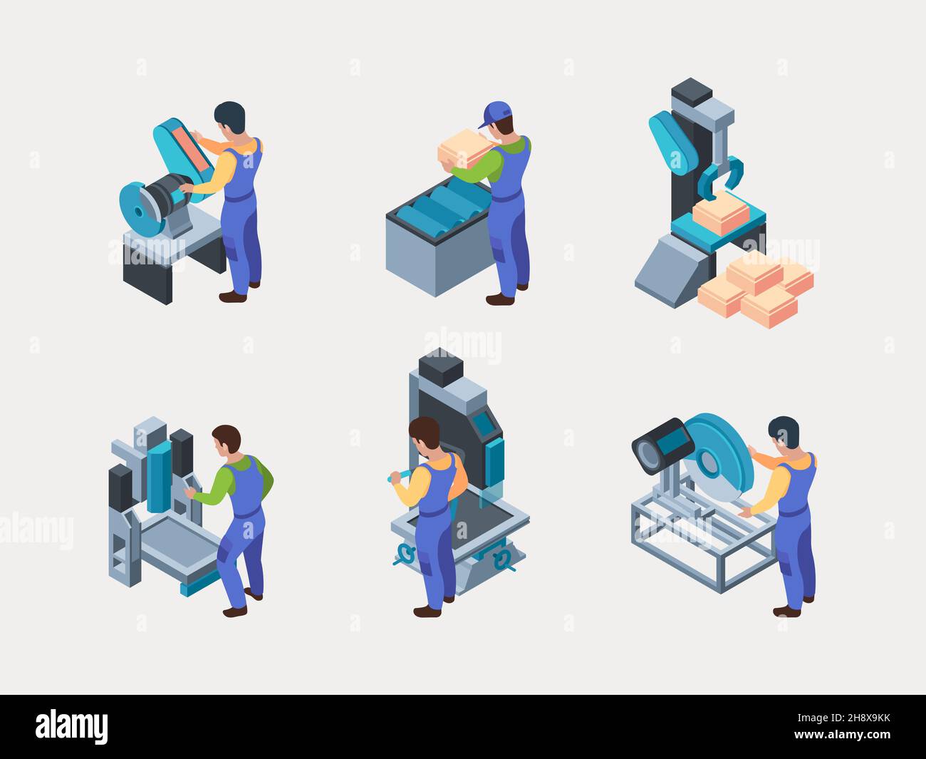 Operai di fabbrica. Macchine per tessuti utensili fresatura elettronica imballo confezionamento processi di produzione granate Set isometrico vettoriale Illustrazione Vettoriale