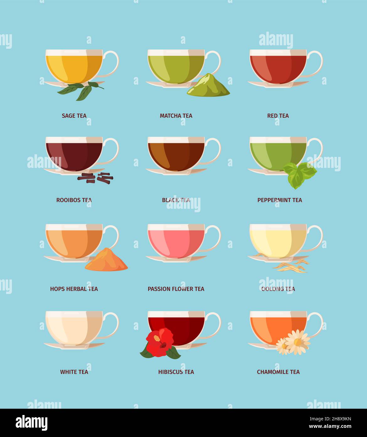 Tipi di tè. Diversi prodotti per bevande in bicchieri di vetro gustoso tè caldo mattina nero verde rosso rooibos garish vettore helthy liquidi Illustrazione Vettoriale