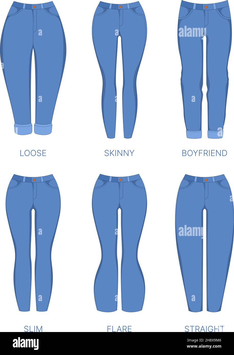 Jeans donna. Tessuto denim abiti blu per ragazze jeans eleganti pantaloni skinny garish vettoriale foto piatte colorate Illustrazione Vettoriale
