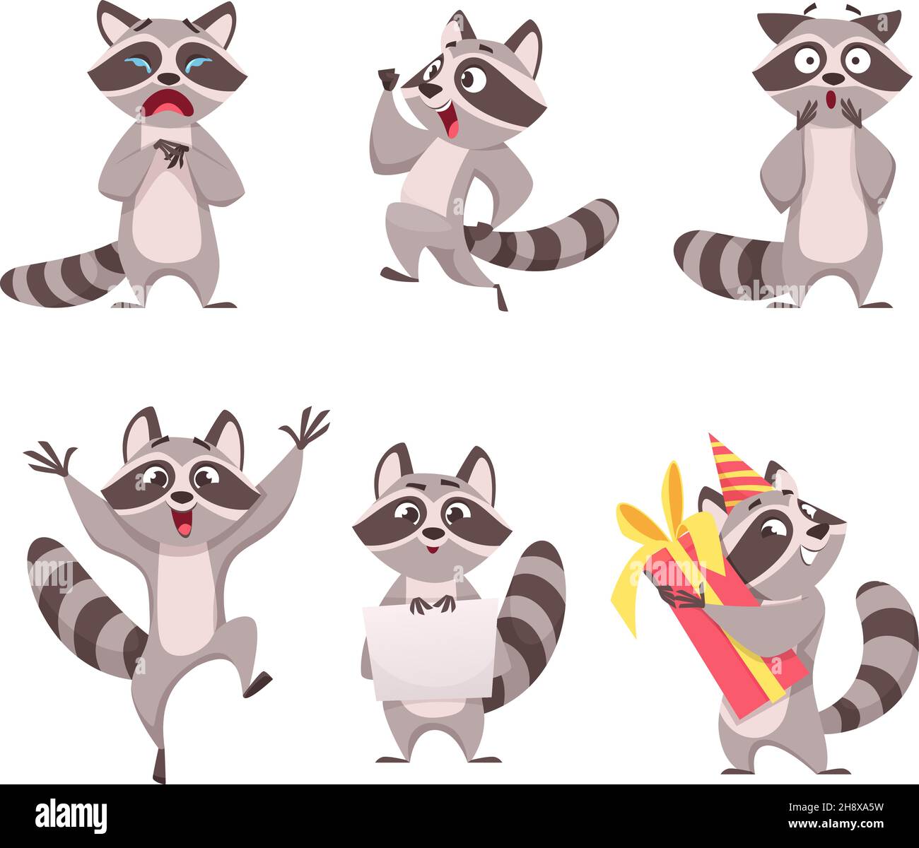 Personaggi di Raccoon. Cartone animato divertente animale selvaggio nella foresta felice mammifero esatto vettore zoo illustrazioni Illustrazione Vettoriale