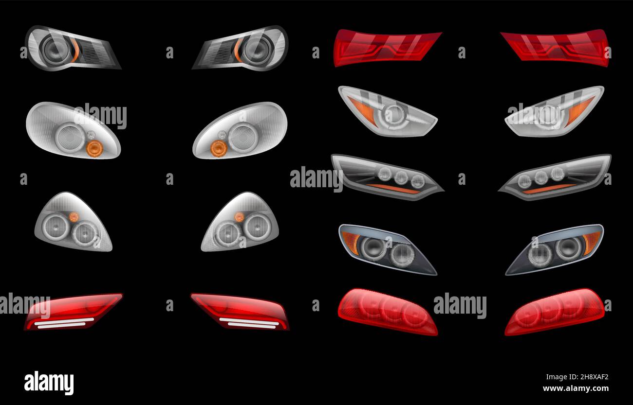 Fari per auto. Effetti di bagliore di riflessione per i veicoli moderni luci notturne su strada decente vettore realistico modelli isolati Illustrazione Vettoriale