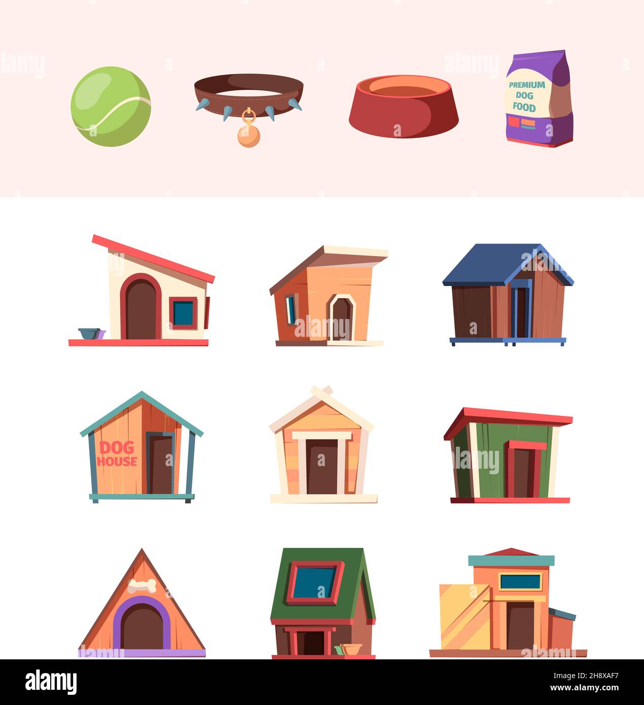 Zoo mercato. Animali domestici accessori giocattoli per cani casa in legno animali domestici ciotola acqua bottiglie ossa Garish vettore illustrazioni set Illustrazione Vettoriale