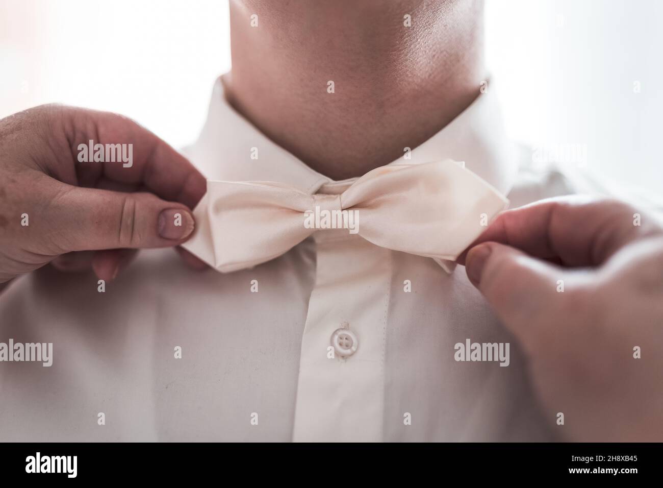 L'uomo mette una farfalla sulla sua camicia Foto Stock