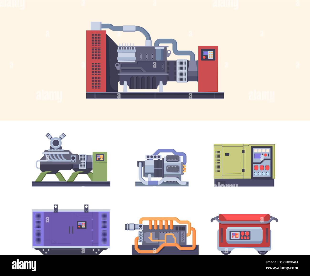 Generatore di carburante. Macchine elettriche industriali in acciaio generatori di energia generatori di manutenzione Garish vettoriale flat illustrations collection Illustrazione Vettoriale