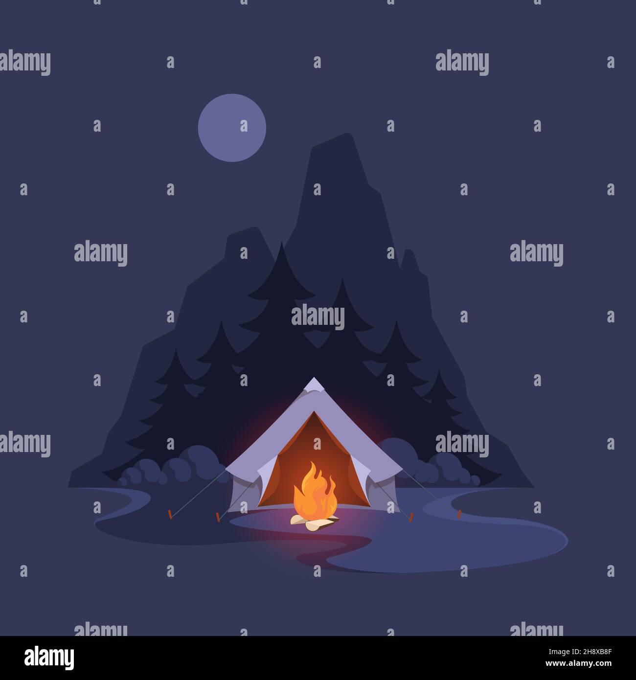 Tenda di accampamento di notte. Paesaggio scuro con alberi di montagna e rifugio avventura per i viaggiatori felici garish vettore illustrazioni sfondo Illustrazione Vettoriale