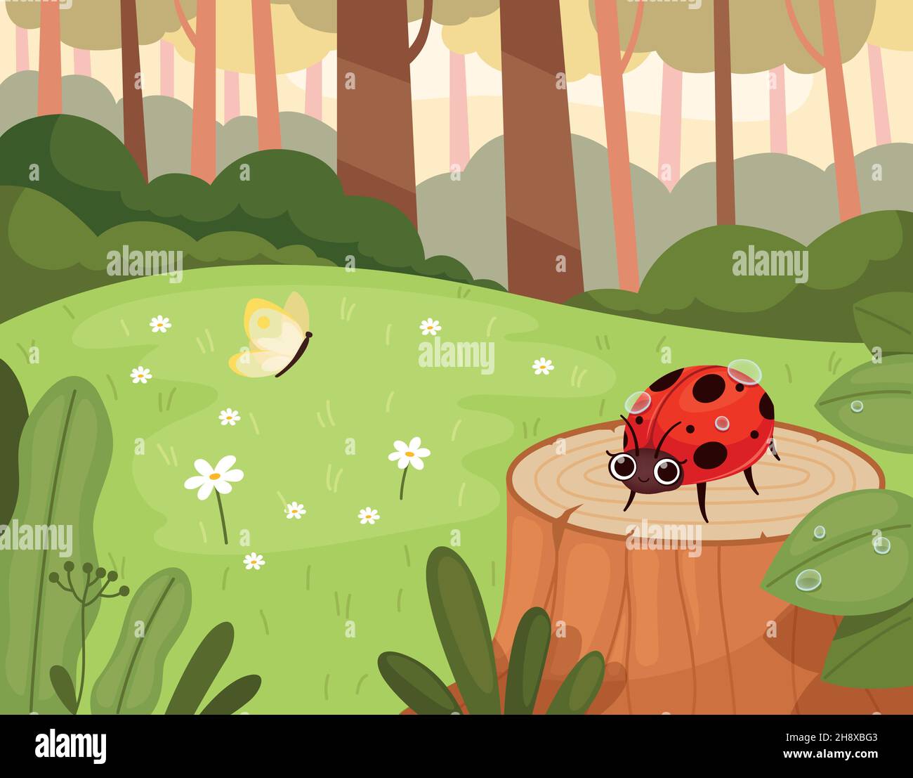 Ladybug in legno. Parco naturale verde con insetti divertenti giardino caldo esterno cartoon sfondo oggi vettore divertente personaggio ladybug Illustrazione Vettoriale