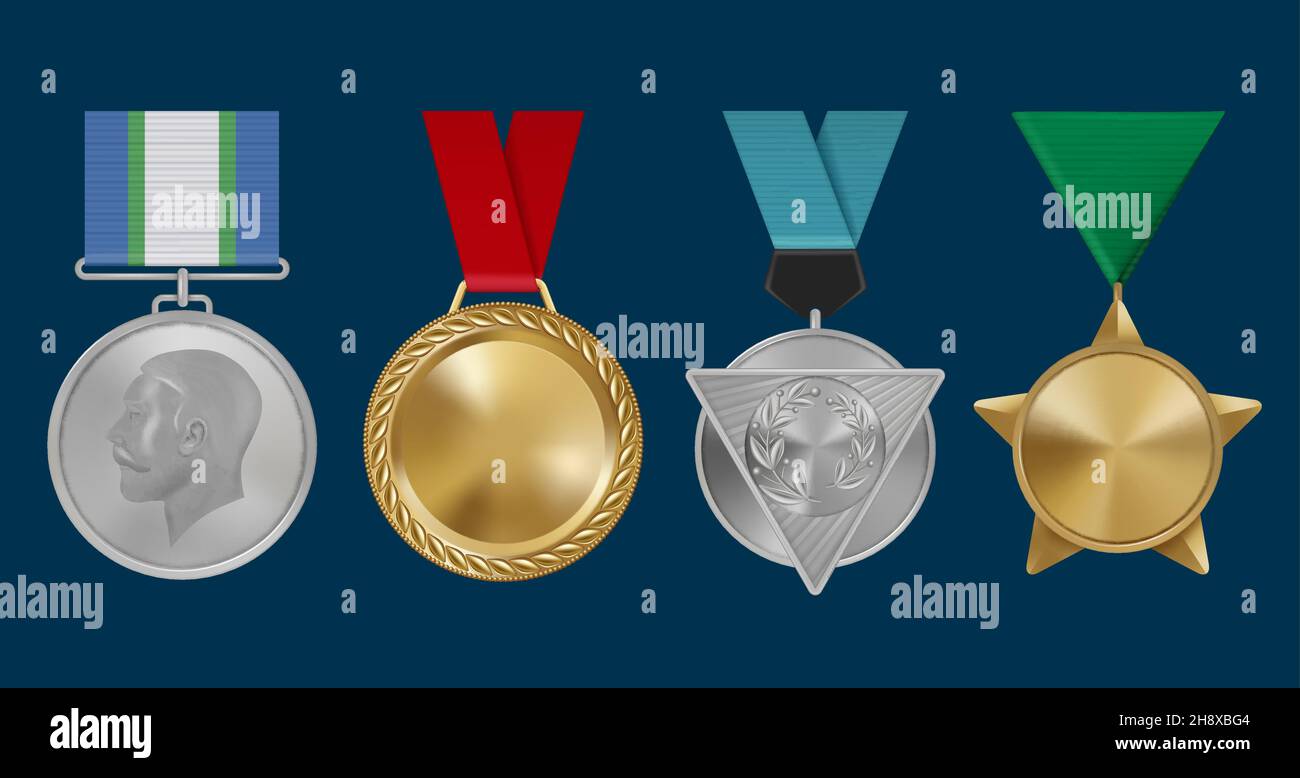 Premi sportivi. Rosa militare leadership medaglie d'oro modelli vettoriali decenti di premi con nastri rossi Illustrazione Vettoriale