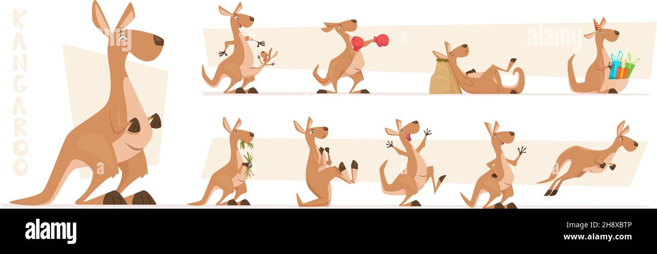 Personaggi Kangaroo. Animali australiani in piedi e saltare il canguro vettore esatto in azione pone Illustrazione Vettoriale