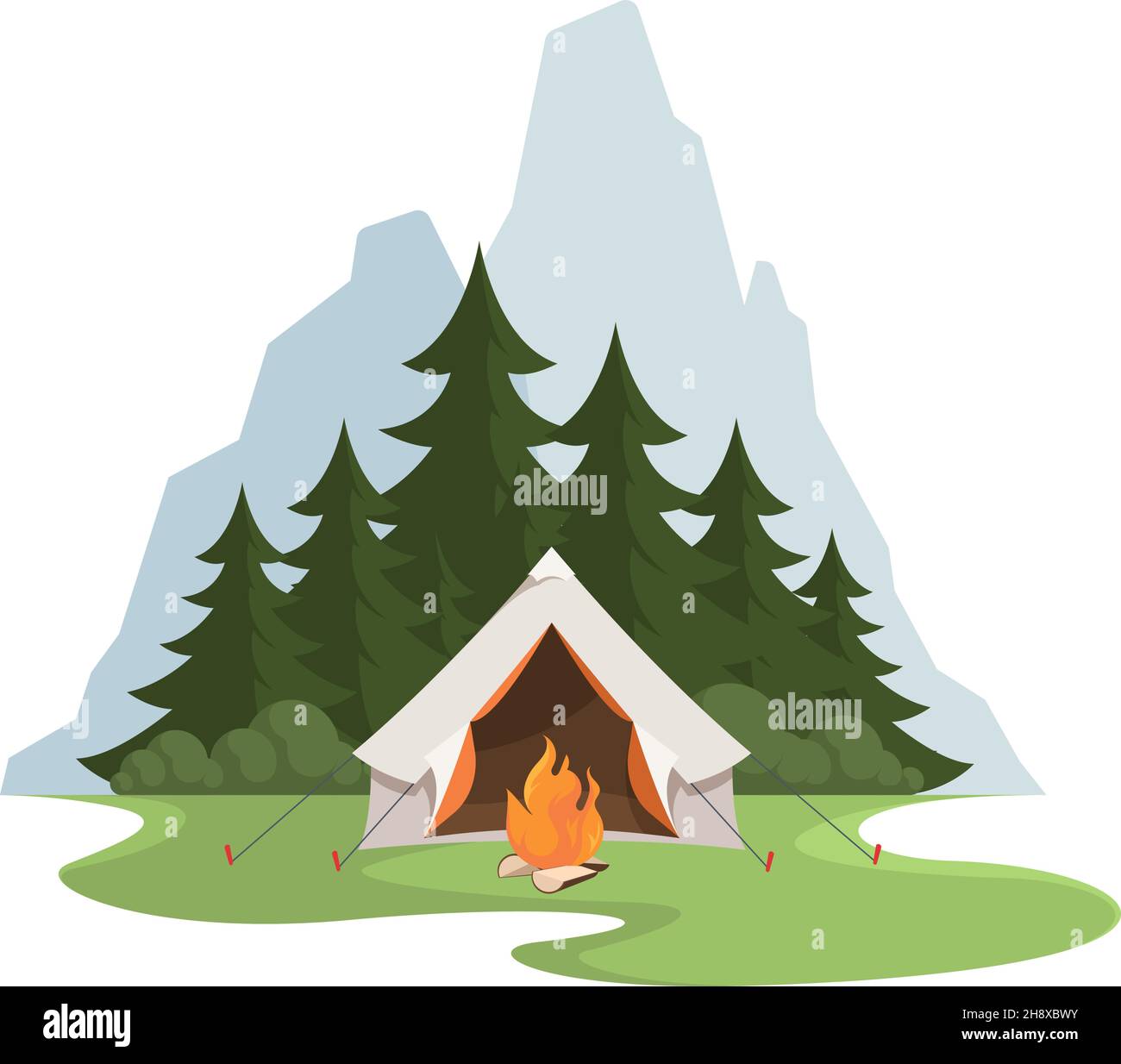 Sfondo campeggio. Paesaggio con falò di montagna e tenda di protezione per i viaggiatori vacanza in famiglia nel parco nazionale garish vettore cartoon Illustrazione Vettoriale
