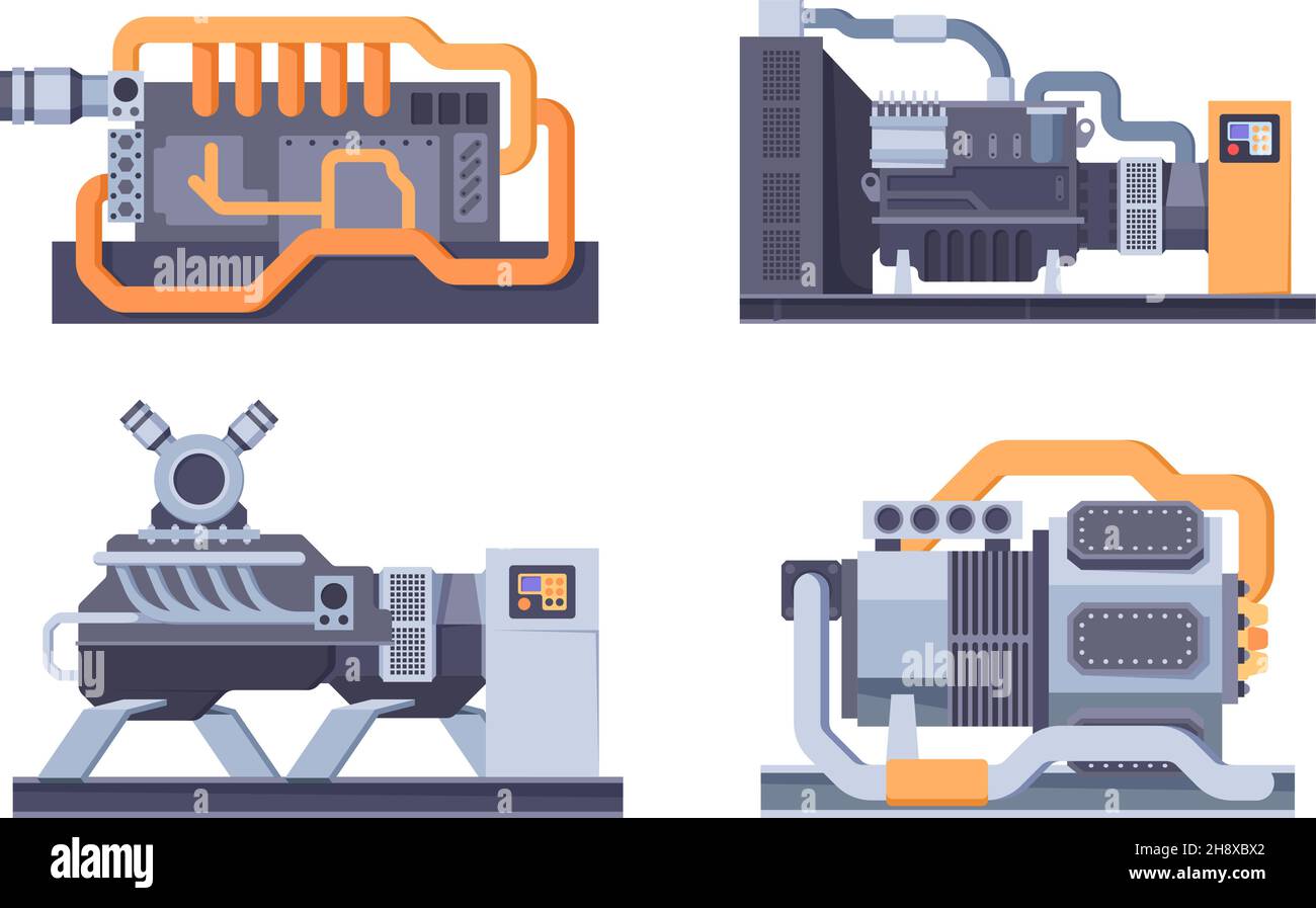 Generatore industriale. Tanica in acciaio alimenta elettricità per palloncini tipi di generatori di manutenzione macchine piane vettoriali per guarnire Illustrazione Vettoriale