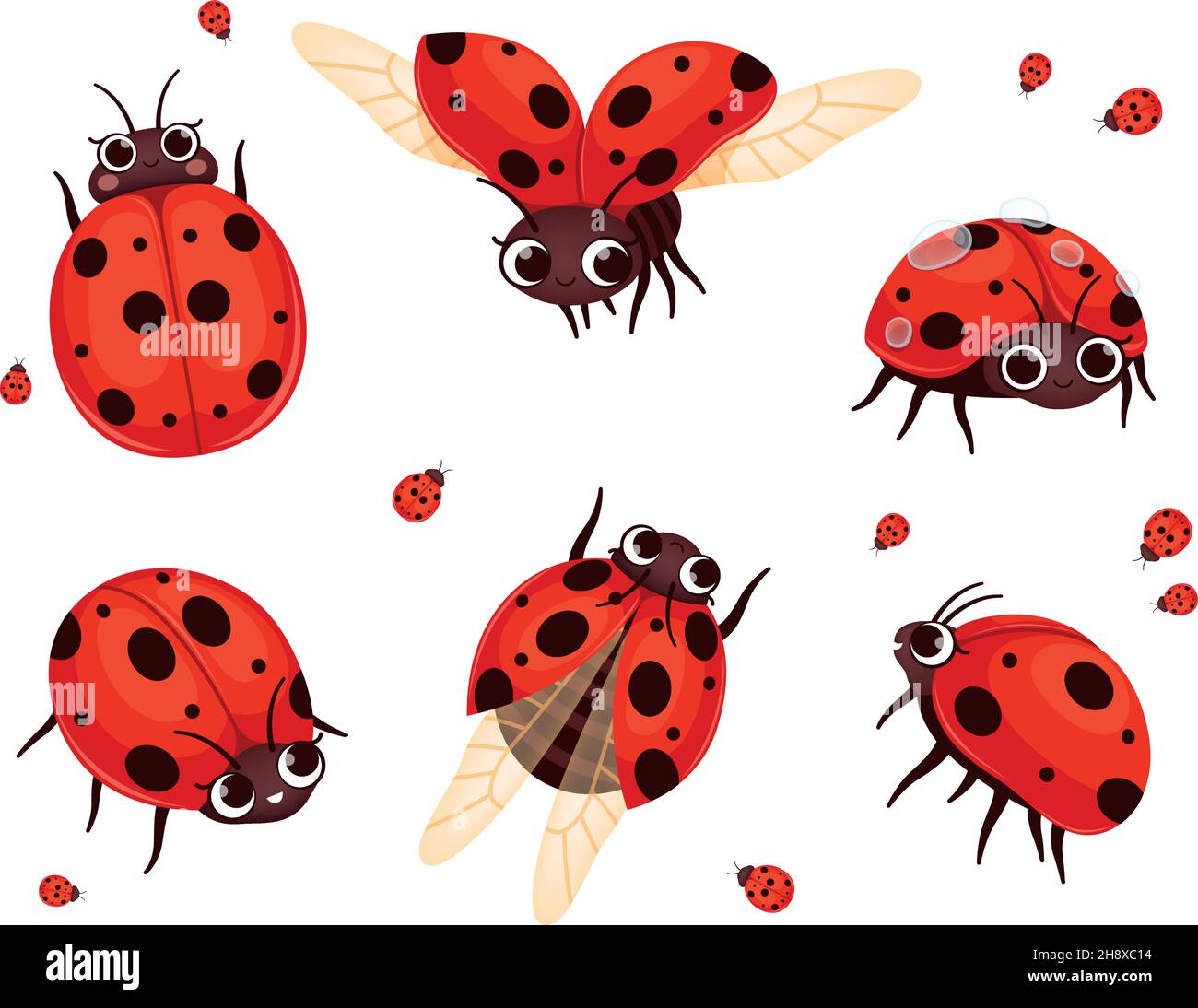 Ladybug. Flying closeup insetti in azione pone natura bug oggi vettore illustrazioni di cartone rosso ladybugs Illustrazione Vettoriale