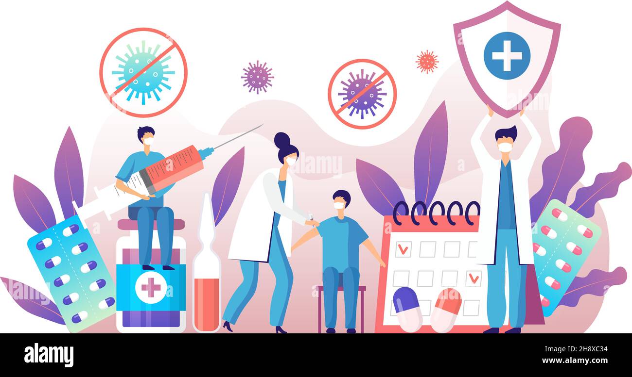 Persone vaccinate. Prevenzione covid simboli sanitari le persone fanno vaccino con farmaci per siringhe e antibiotici concetto di fondo piatto vettore recente Illustrazione Vettoriale
