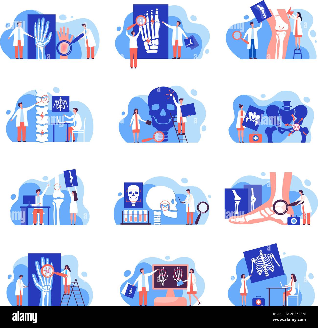 Medicina ortopedica. Scene di concetto con la dimostrazione del problema dei raggi X del corpo umano per il medico scheletro ossa dei pazienti immagini ortopediche vettoriali recenti Illustrazione Vettoriale