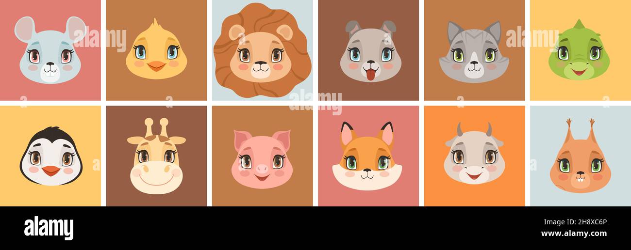 Facce animali del bambino cute. Animali emoticon, divertente giraffa leone gatto volpe rossa. Set di adesivi per bambini cartoon Illustrazione Vettoriale
