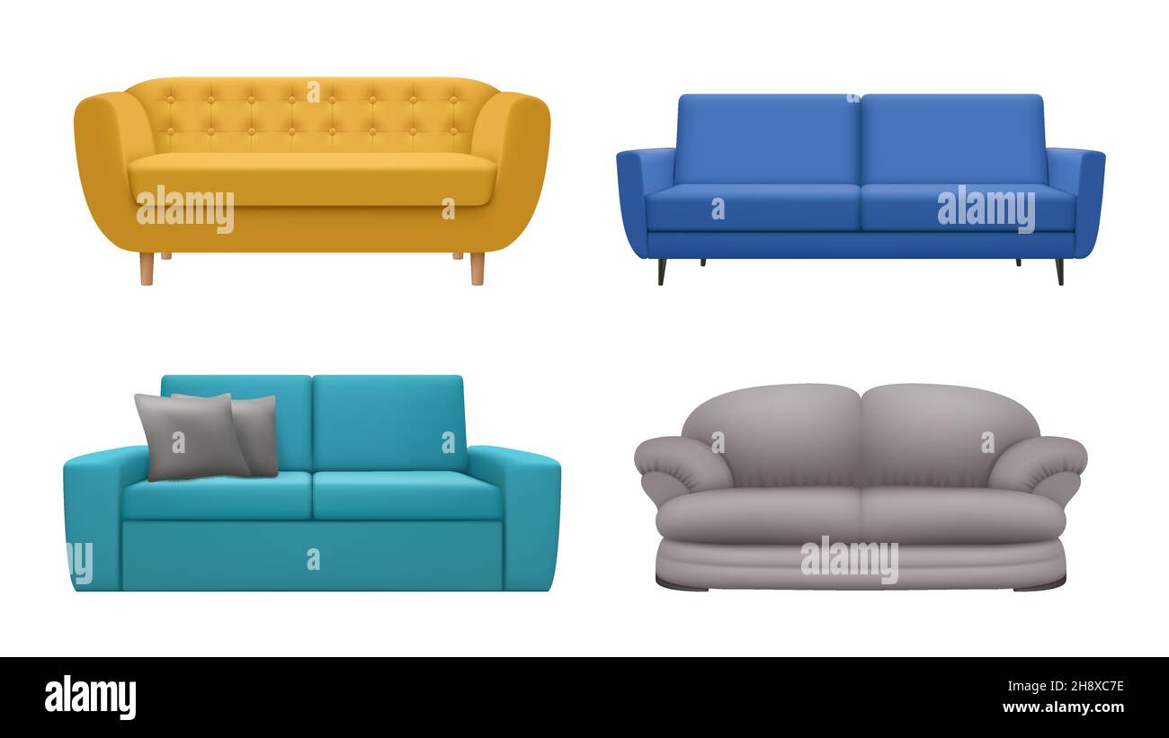 Divano realistico. Arredamento moderno per il tempo di relax nel soggiorno interno sala semplice confortevole stile di vita decente collezione vettoriale isolato Illustrazione Vettoriale
