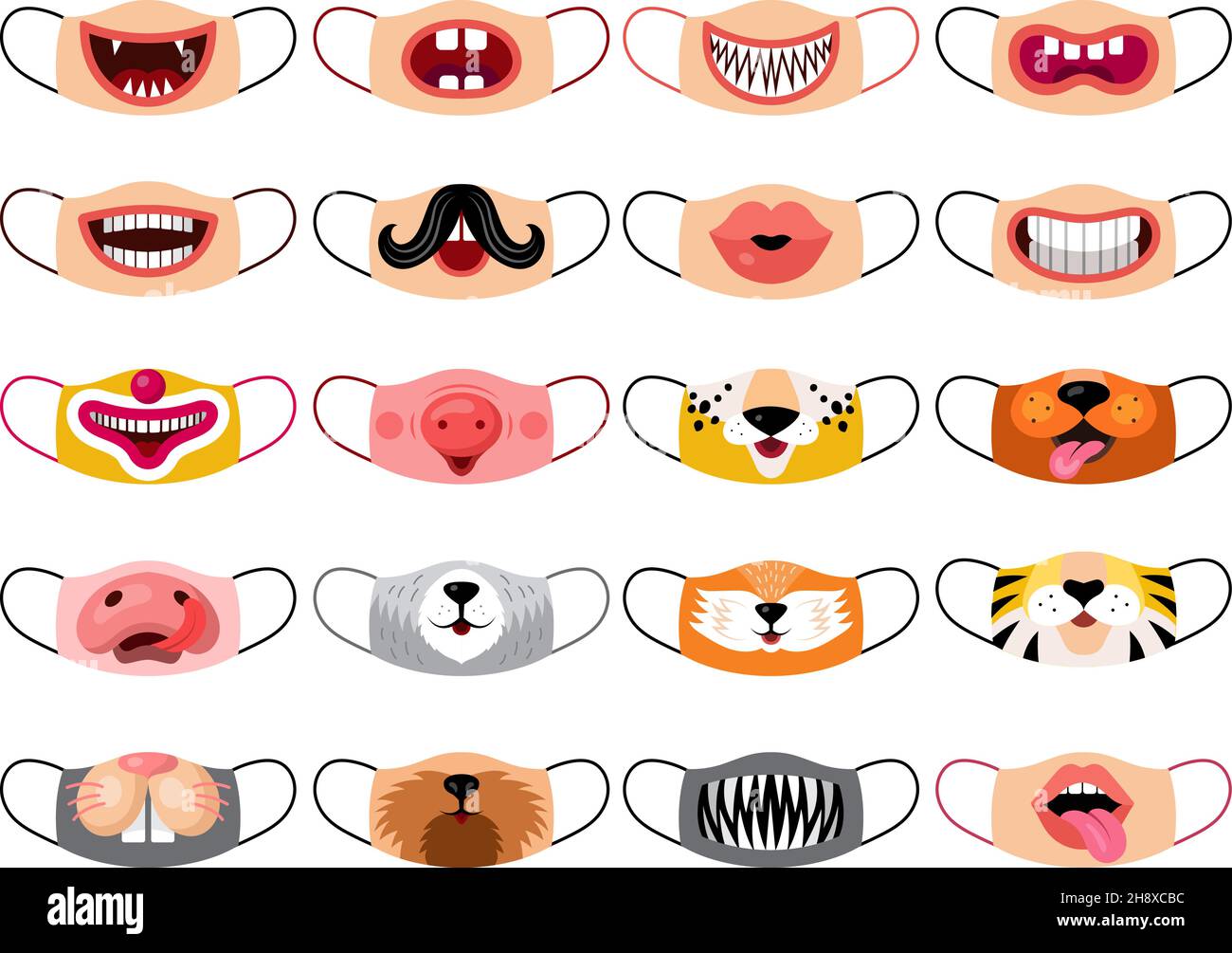 Maschera protettiva. Protezione del Covid prevenzione della salute capretti e volti animali stampe su maschere tessili recenti modelli vettoriali set isolato Illustrazione Vettoriale