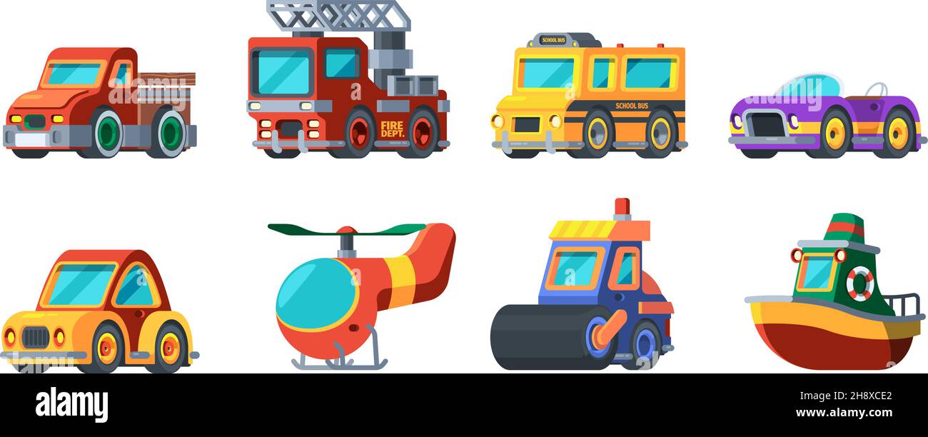 Giocattoli veicoli. Mini trasporto auto barche aeroplani autobus camion Garish vettore cartoon collezioni per bambini piacere Illustrazione Vettoriale