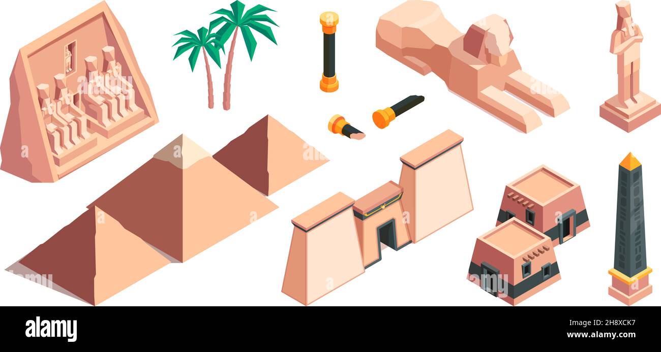 Egitto oggetti architettonici. Vecchi edifici storici vecchio deserto piramidi storiche garish vettore illustrazioni isometriche Illustrazione Vettoriale