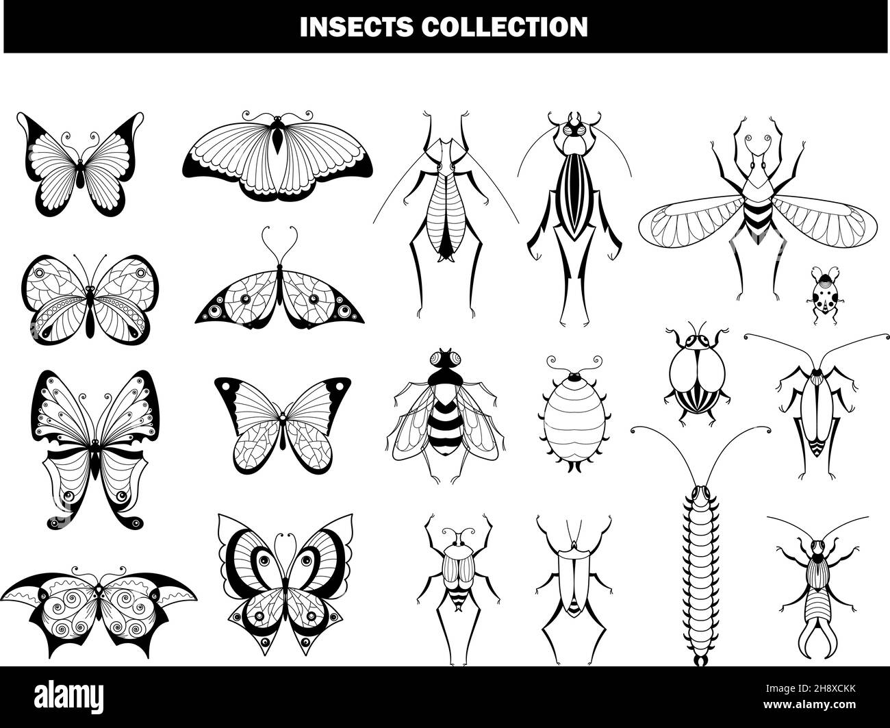 Raccolta di insetto. Farfalla scarabeo libellula, silhouette insetti neri. Primavera estate volare animali, giardino pesti vettore set Illustrazione Vettoriale