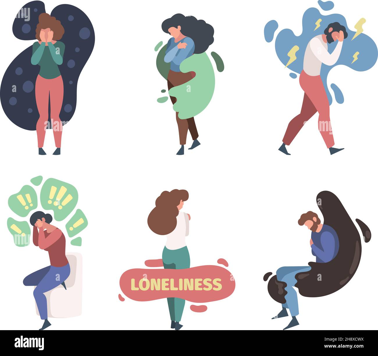 Problemi mentali personaggi. Psicologia spaventosa persone malsane cattive sentimenti aloneness emozione pioggia in anima garish vettore caratteri piatti Illustrazione Vettoriale