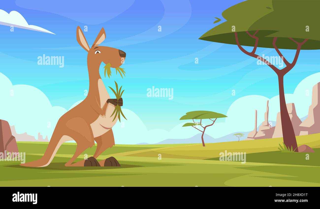 Sfondo canguro. Cartoon paesaggio australiano con animali selvatici kangooroo piante e rocce illustrazioni vettoriali esatte Illustrazione Vettoriale