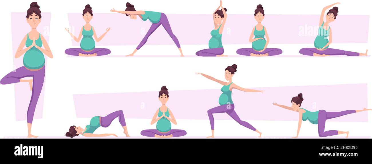 Donna yoga incinta. Lo sport pone i caratteri rilassati lo yoga ricreazione pone le illustrazioni vettoriali esatte set Illustrazione Vettoriale