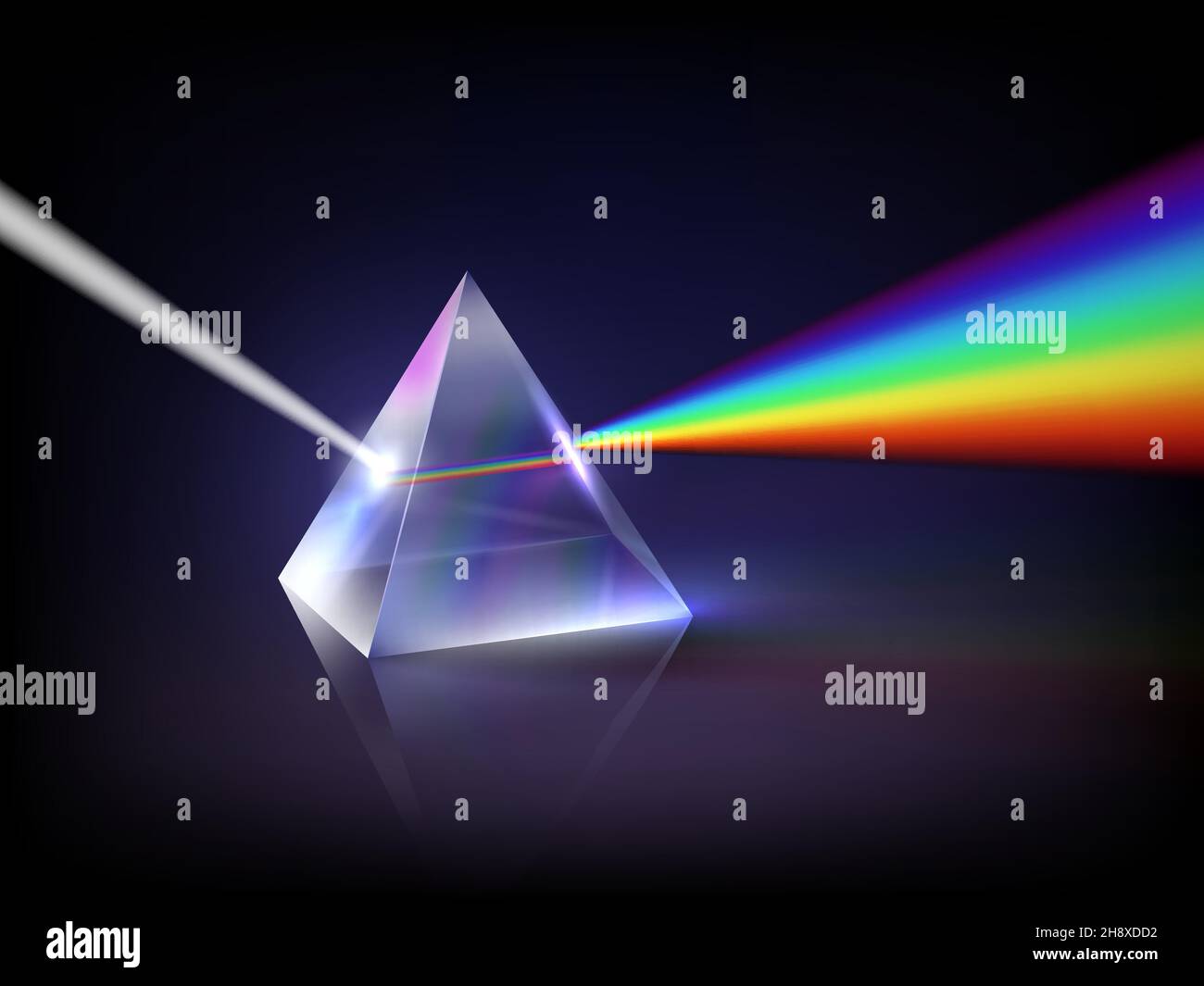 Rifrazione dello spettro. Prisma piramidale di vetro basso concetto astratto di poli luminescenza rifrazione della luce all'interno trasparente forma geometrica decente vettore arcobaleno Illustrazione Vettoriale