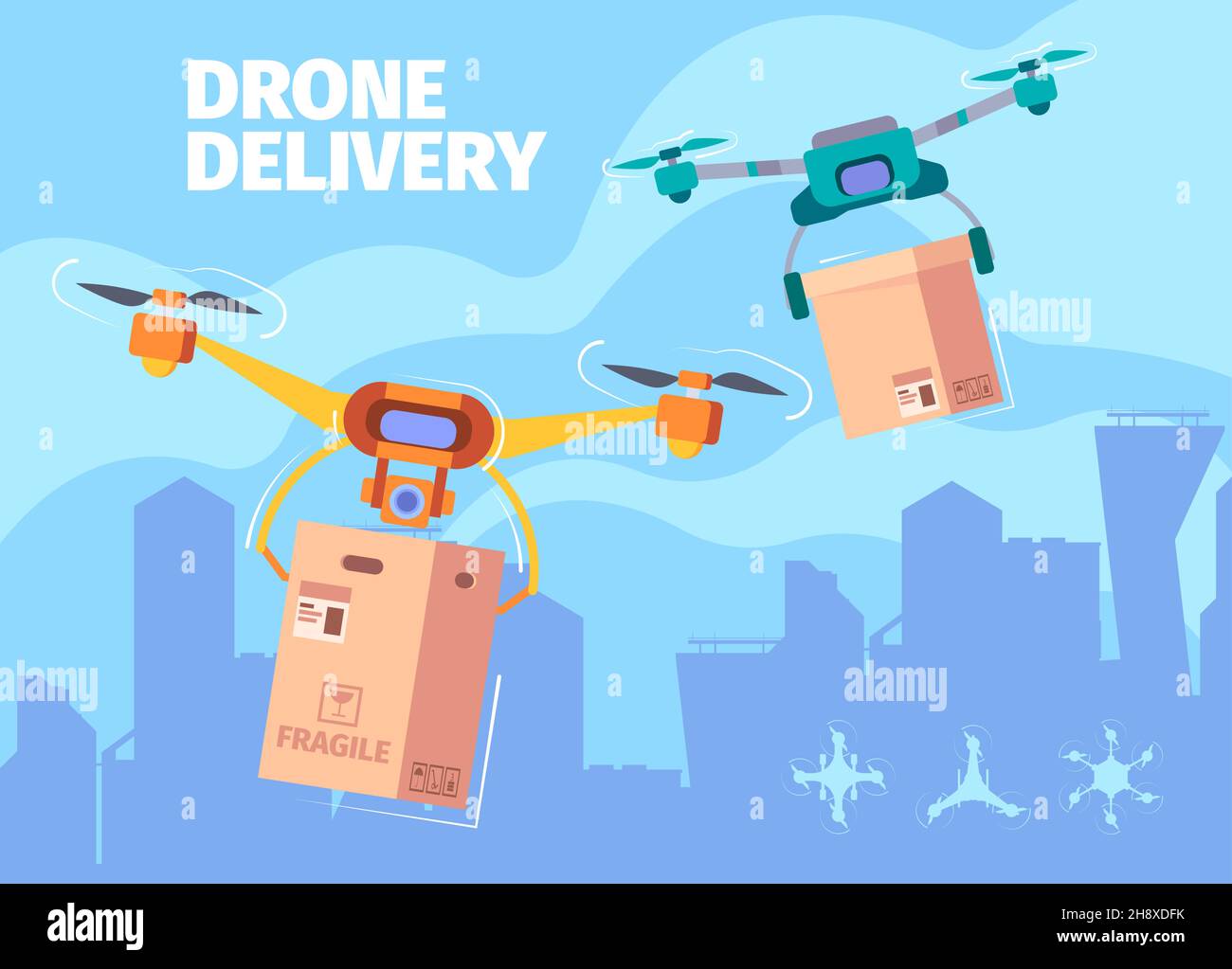 Droni volanti. Sistemi di telecontrollo per elicotteri aerei in cielo sopra la città tecnologie intelligenti per il servizio di consegna Garish vettore cartoon sfondo Illustrazione Vettoriale