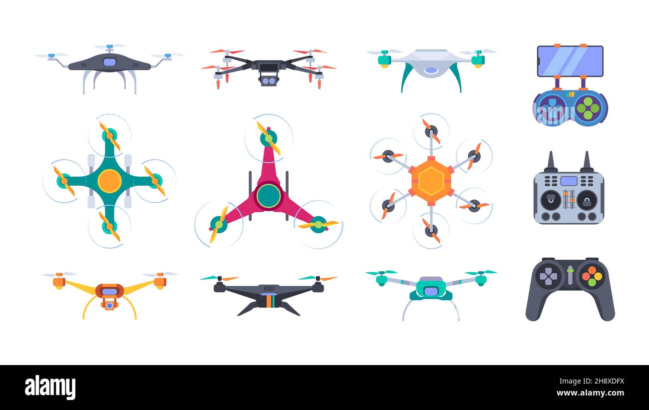 Elicotteri aerei. Consegna droni con fotocamera antenna fotografia esterna intelligente velivolo sistemi Garish vettore flat immagini set Illustrazione Vettoriale