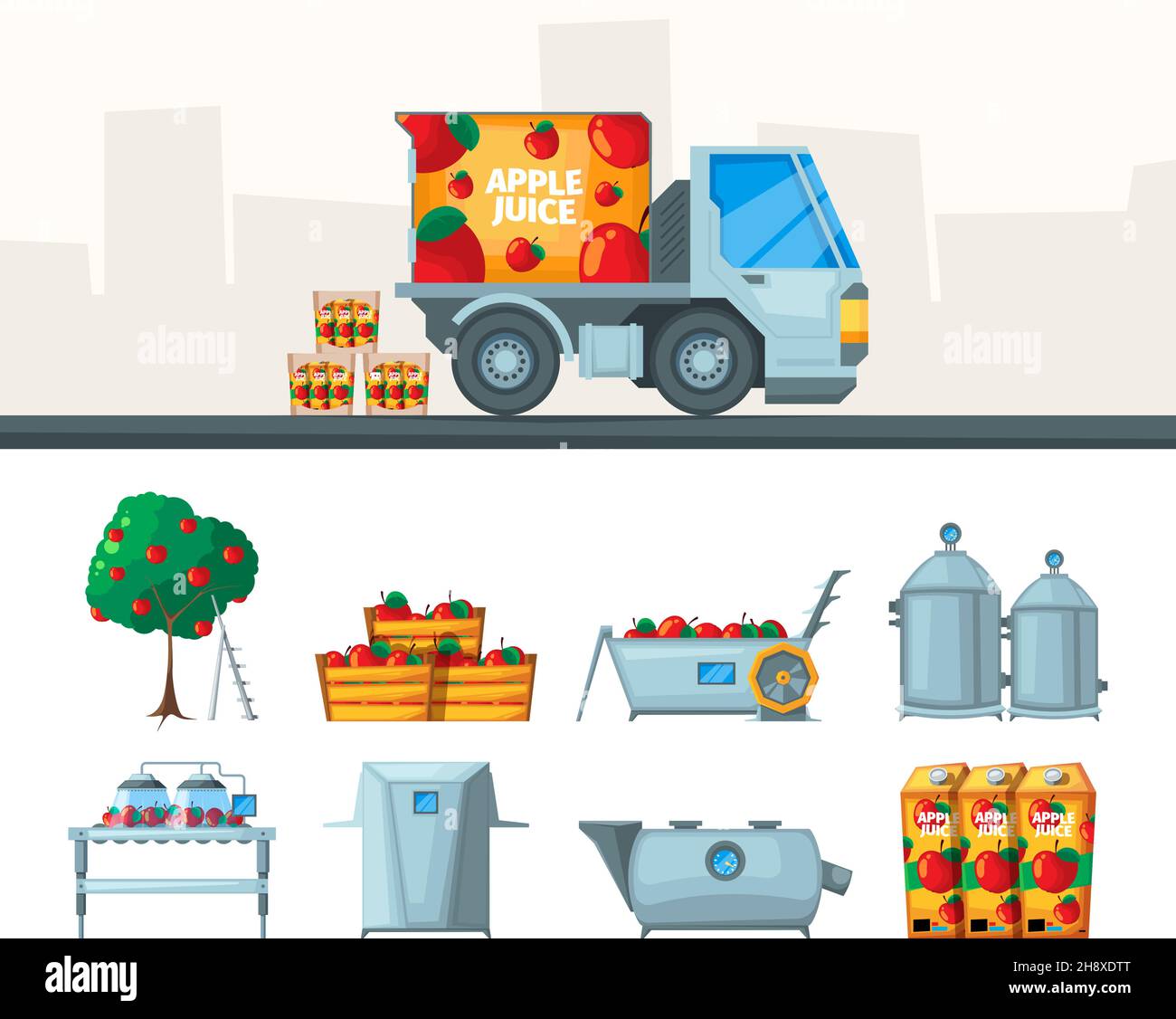 Produzione di succo. Industria trasportatore di succo da frutta bevanda cibo Garish vettore immagini piatte set isolato Illustrazione Vettoriale