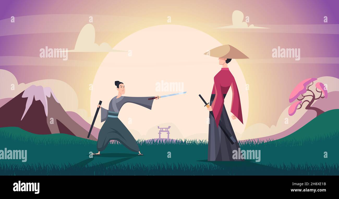 Sfondo Samurai. I guerrieri in azione propongono ai combattenti asiatici un'illustrazione vettoriale esatta in stile cartone animato Illustrazione Vettoriale