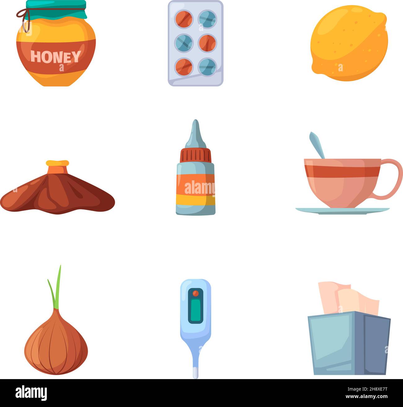 Medicamente. Winter virus prevenzione metodo respirazione rimedio limone tè droga persone malati Garish vettore concetto colorato icone collezione Illustrazione Vettoriale