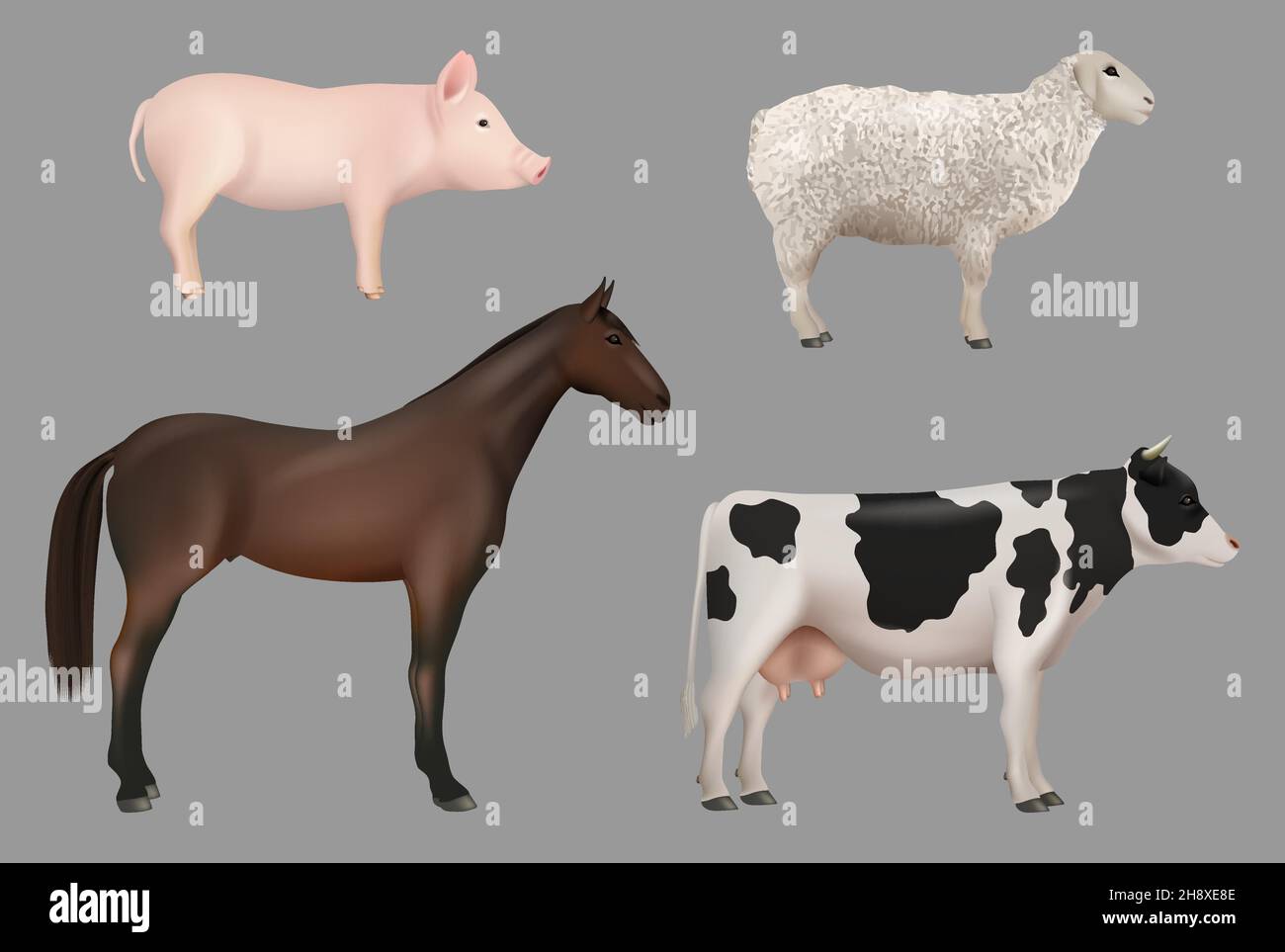 Animali da fattoria. Vacca domestica con latte cavallo pecora decente vettore realistico animali raccolta Illustrazione Vettoriale