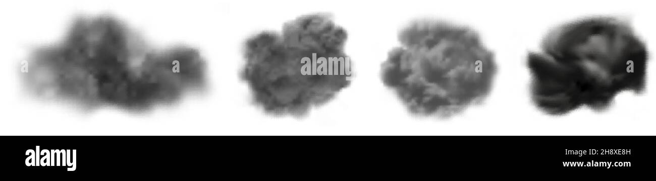 Nuvole di cenere. Fumosità grigia realistica, raccolta di vettori di nube di esplosione isolata Illustrazione Vettoriale