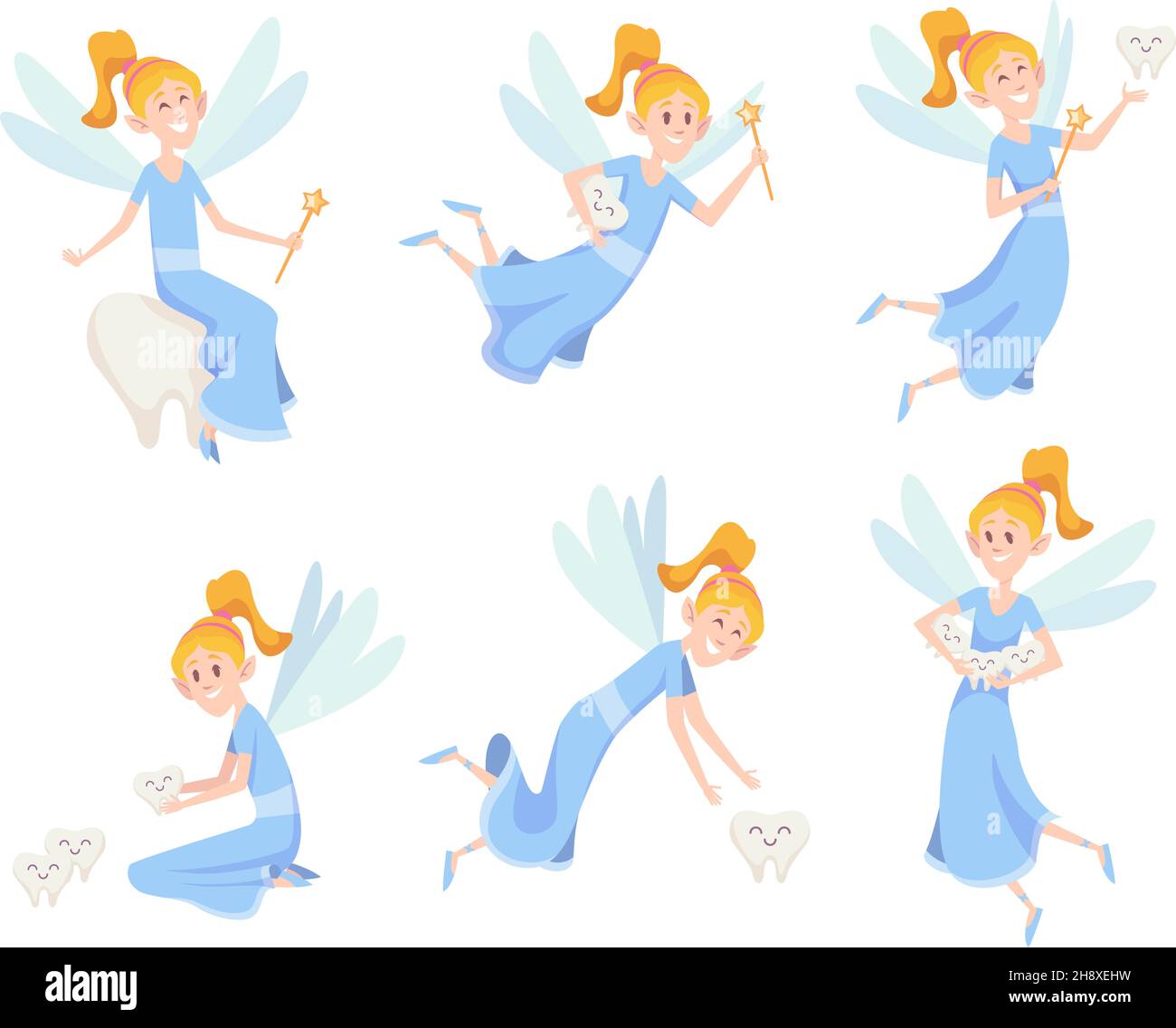 Fata dentaria. Carina piccola principessa volante con ali in azione pone esattamente cartoon fantasia mascotte isolato Illustrazione Vettoriale