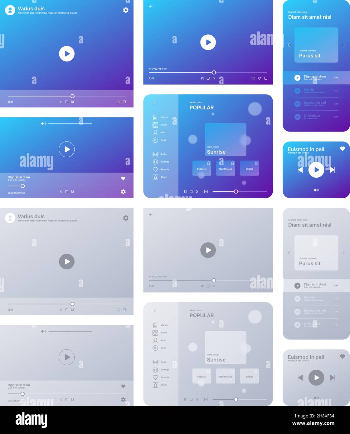 Interfaccia del lettore Web. Video tube musica radio piattaforma ui template suono registra interfaccia digitale immagini vettoriali garish set with place for text clean Illustrazione Vettoriale