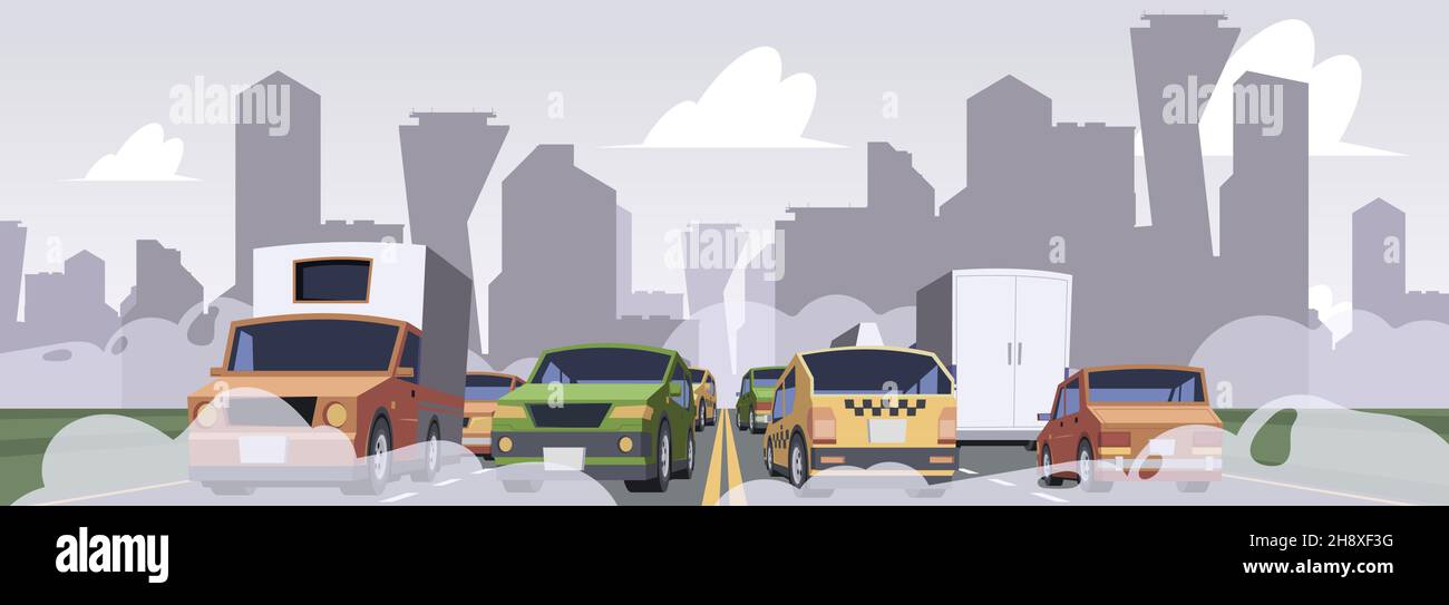 Inquinamento atmosferico da auto. Ambiente fumo traffico industriale salvare ecologia Garish vettore inquinamento paesaggio urbano in stile cartoon Illustrazione Vettoriale