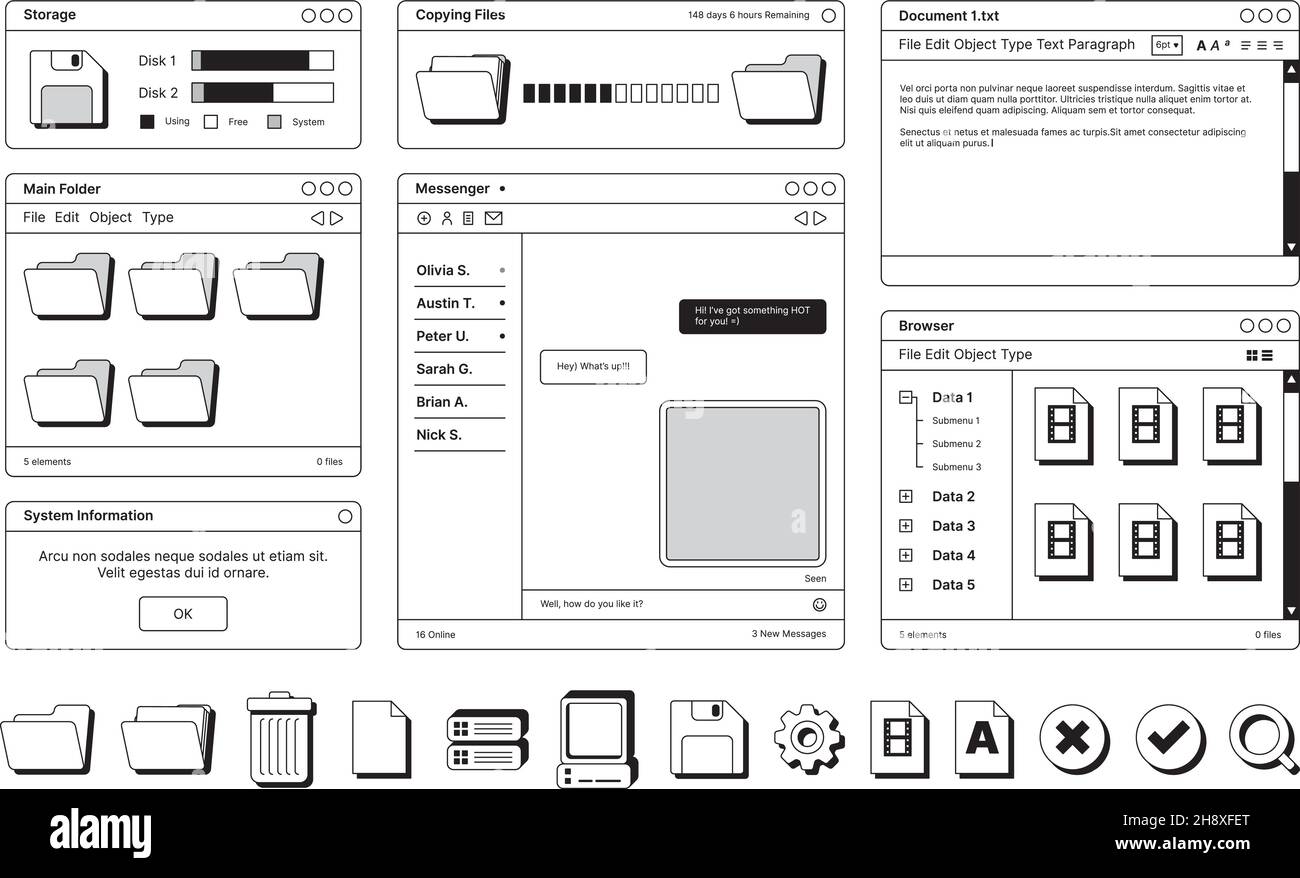 Modelli di layout delle pagine Web in stile retrò simboli dello schermo digitale icone divisori cornici banner pulsanti garish vettoriale illustrazione piatta Illustrazione Vettoriale