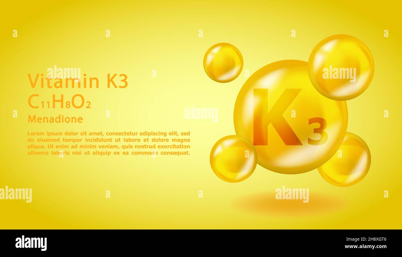 3D Vitamin Molecule K3 menadione design. Caduta di vitamina del menadione K3 realistica. Illustrazione di un complesso nutrizionale giallo. Illustrazione Vettoriale
